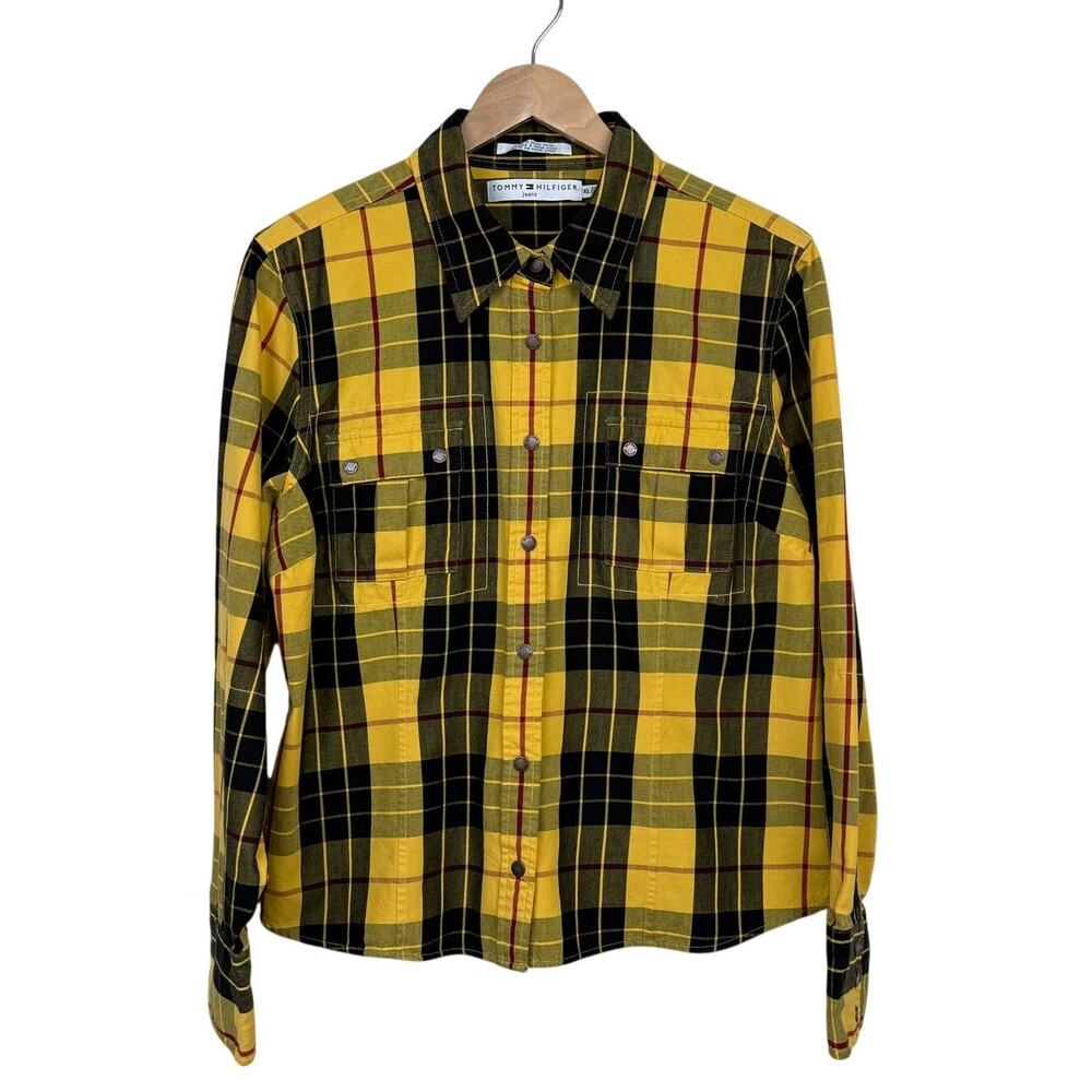 Tommy Hilfiger Jeans Yellow Black Plaid Cotton Shirt Utility Y2K Streetwear Vtg